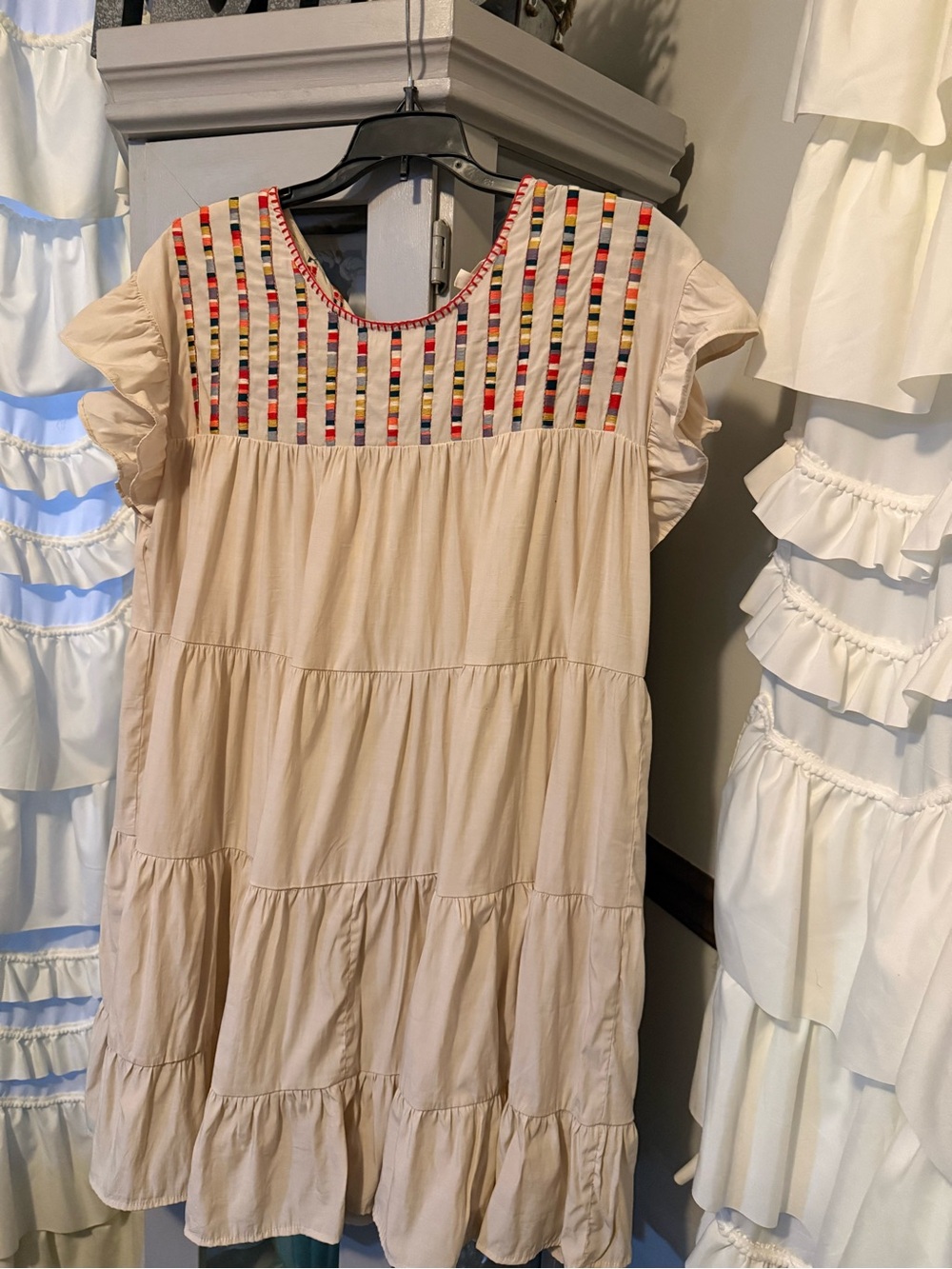 entro Beige Tiered Mini Dress with Multicolor Embroidered Yoke